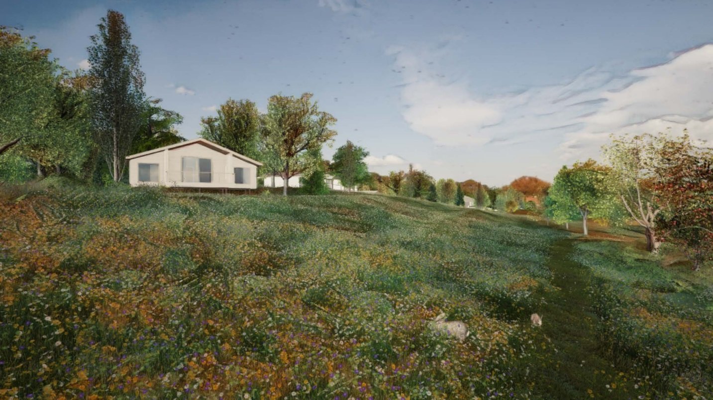 Published architectural visualisation of proposed Farthingstone cabins among meadow planting