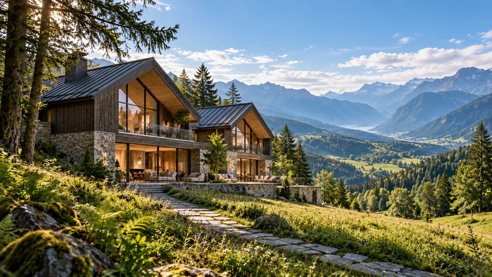 AI-generated design study for an Alpine retreat in dark larch and grey stone