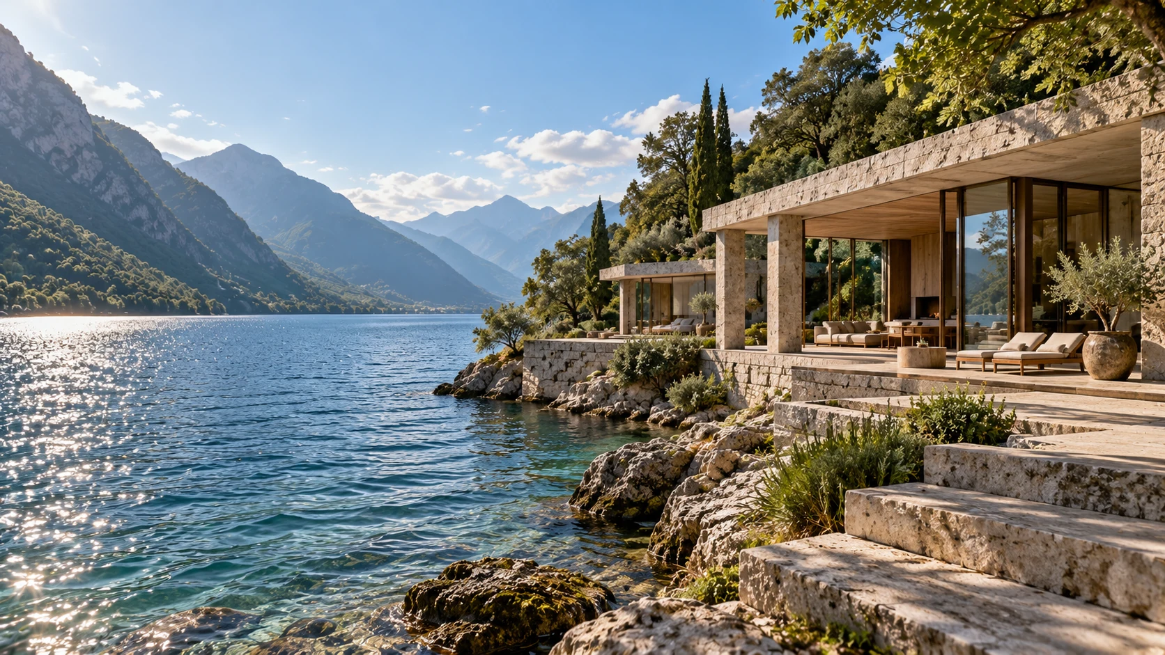 AI-generated design study for a Lake Como retreat in warm grey stone
