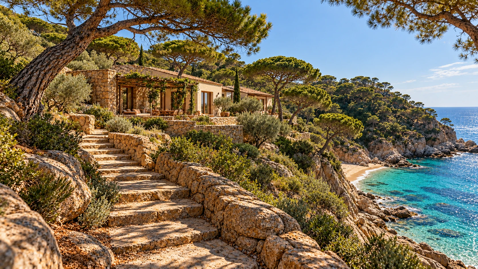 AI-generated design study for a Costa Brava retreat in granite and terracotta